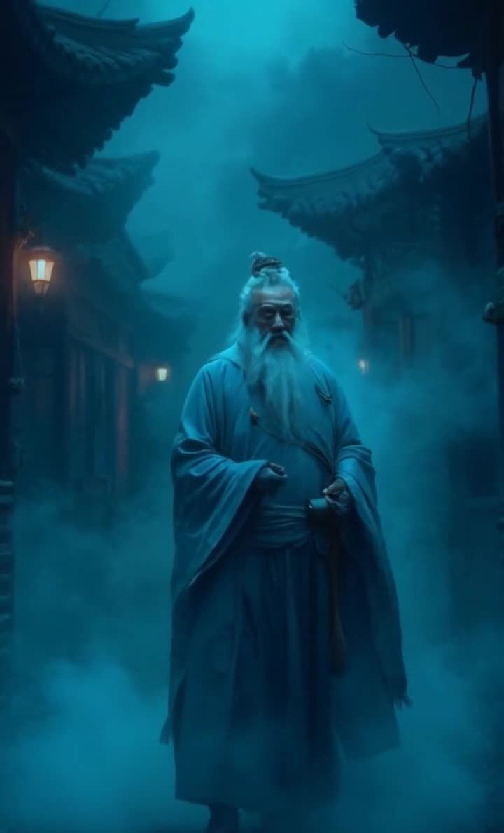 一位长着白色长胡子的老人站在一条雾蒙蒙的街道上，他