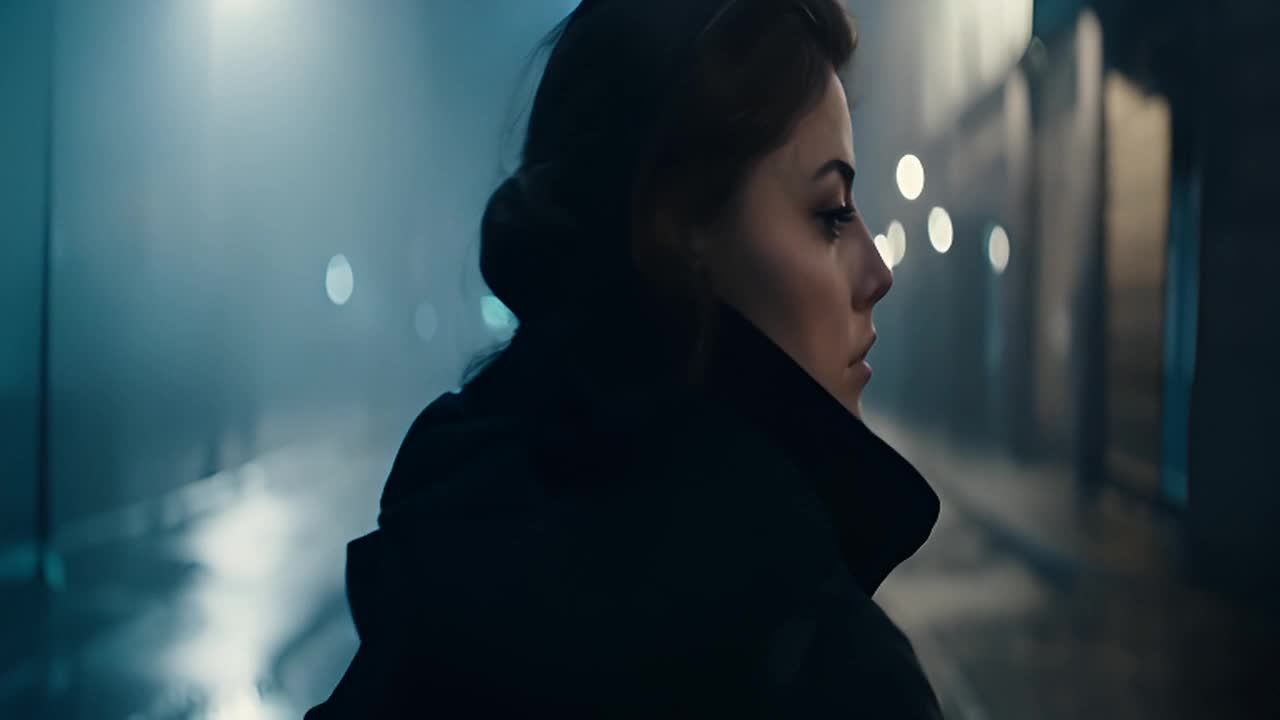 一位身穿深色外套的女性走在雾气弥漫的城市街道上。她
