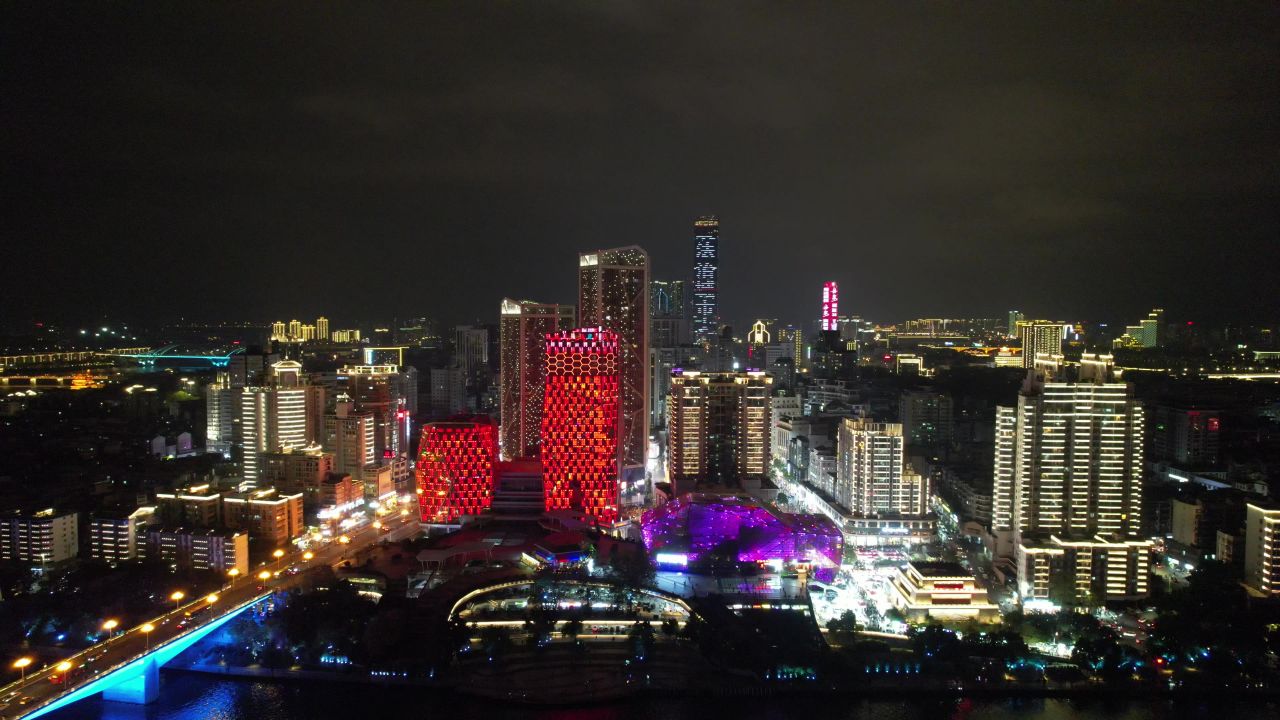 广西柳州市中心夜景灯光航拍 
