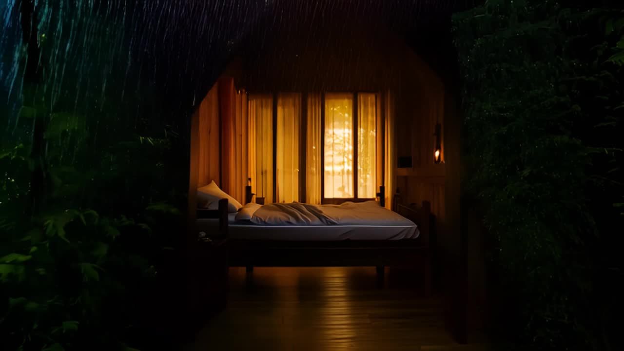 卧室被茂密的森林环绕，木制的墙壁承受着倾盆大雨的冲