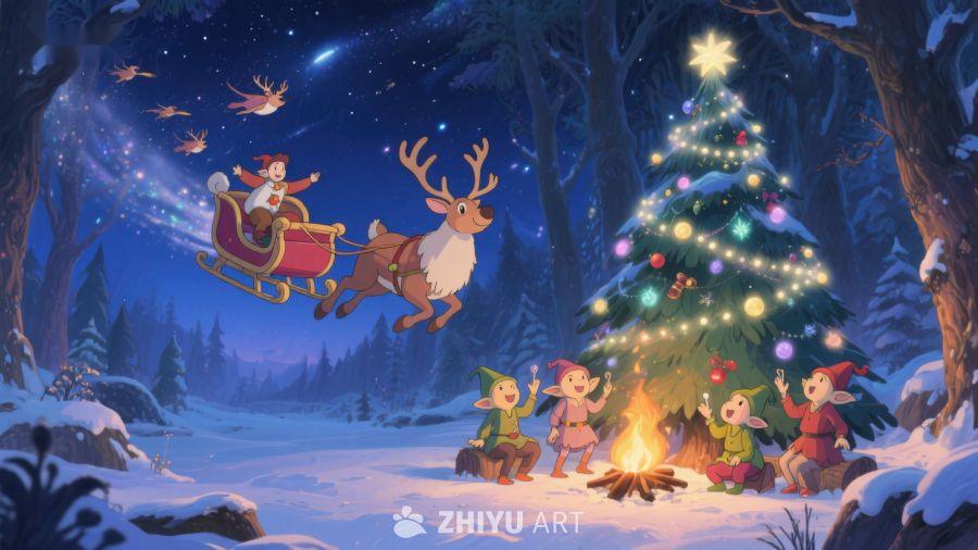圣诞夜森林中的欢乐场景 225