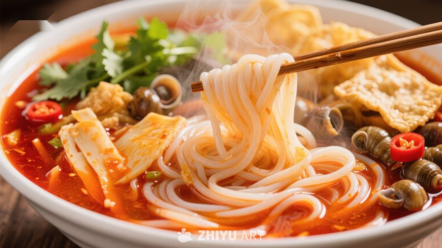 热气腾腾的米粉汤，配以丰富配料