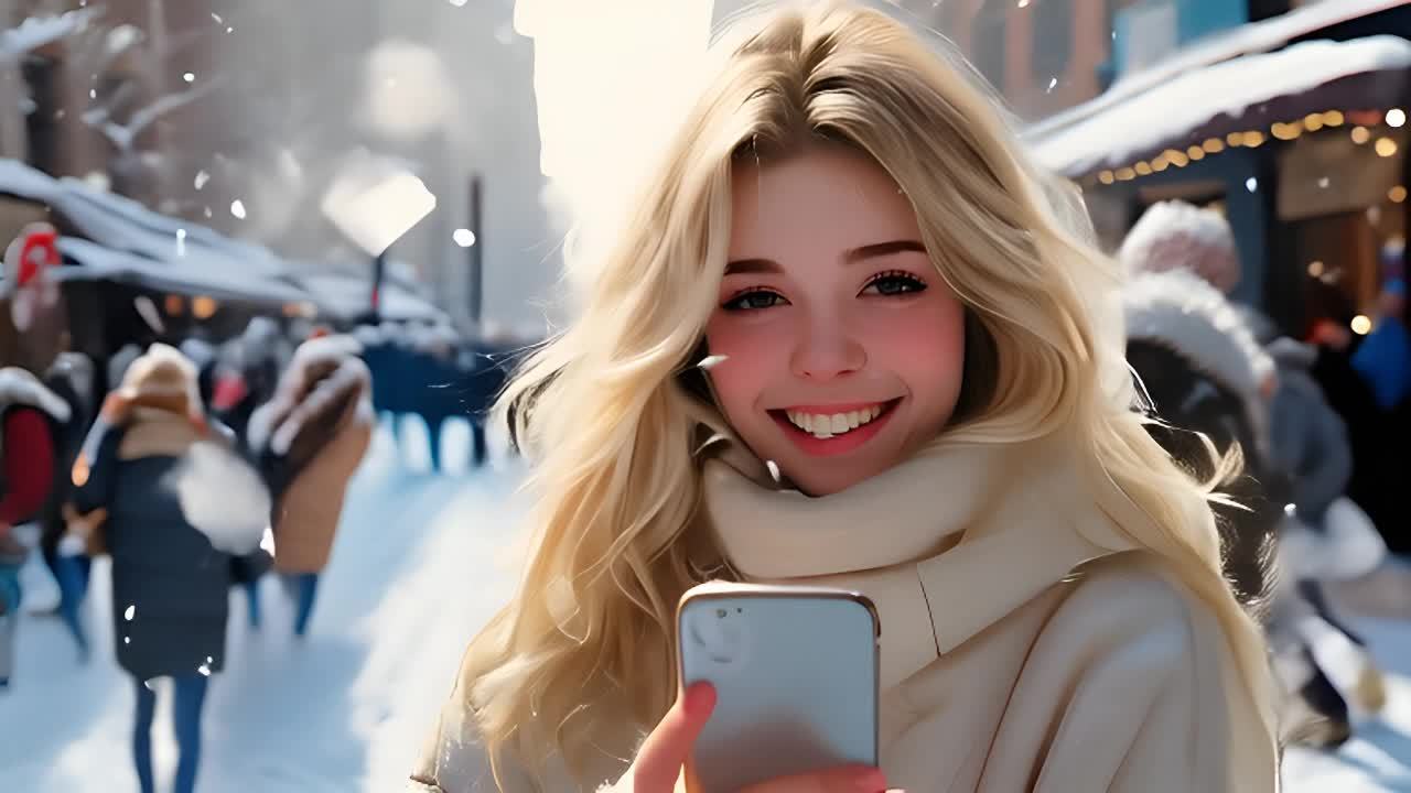 金发少女单手拿着手机，面带微笑。背景是下着雪的街道