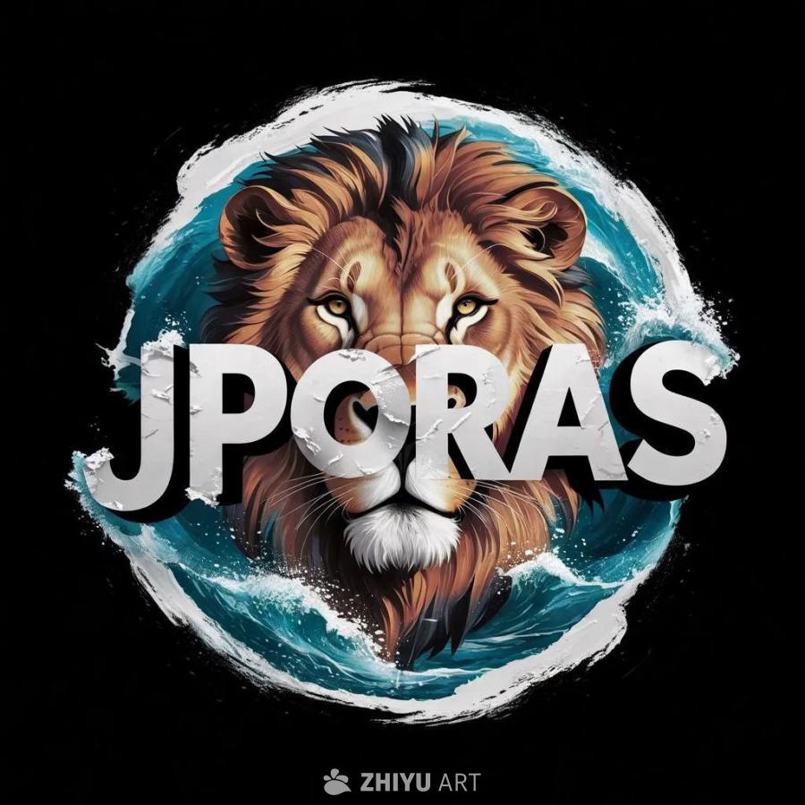 黑色的背景上，一只狮子的图像被白色的“JPORAS
