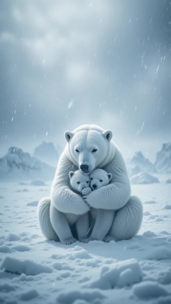 一只北极熊妈妈用手臂环抱着两只幼崽，它们都坐在雪地