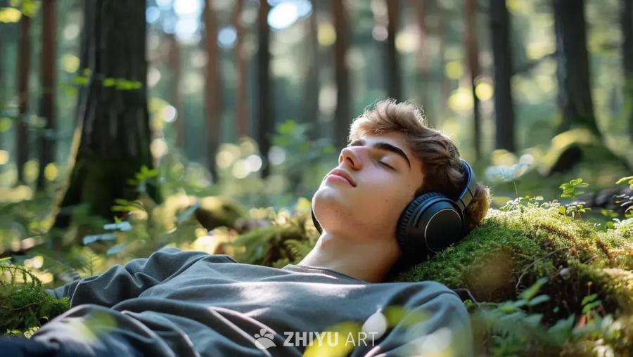 一个年轻男子戴着耳机，闭着眼睛，躺在长满苔藓的地面