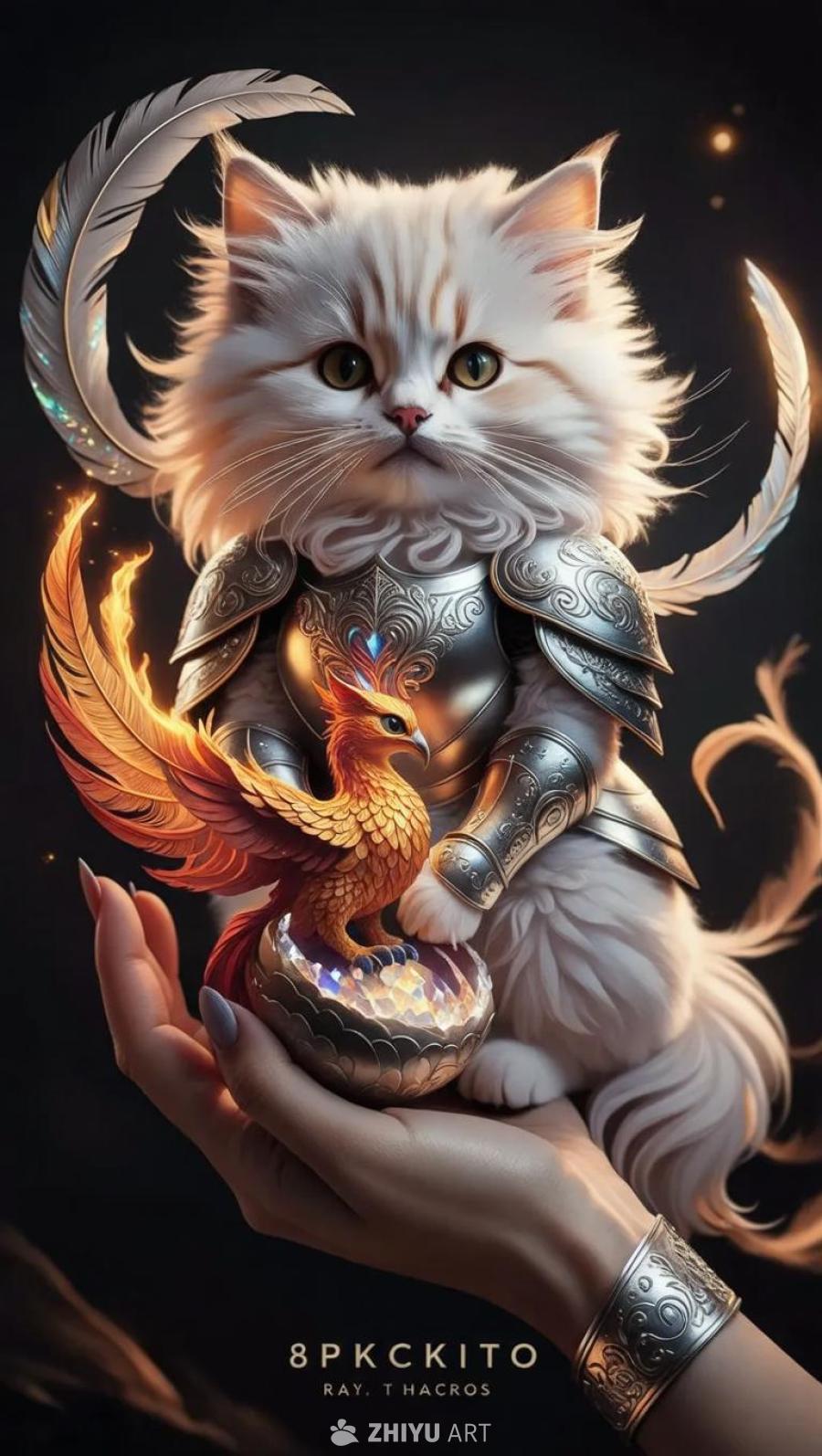 一只长毛的白色蓬松小猫，体型如人类手指般大小，身着