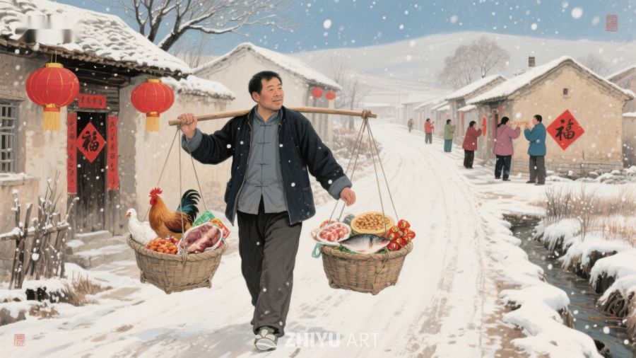 雪中挑担行，乡村冬日景 1146