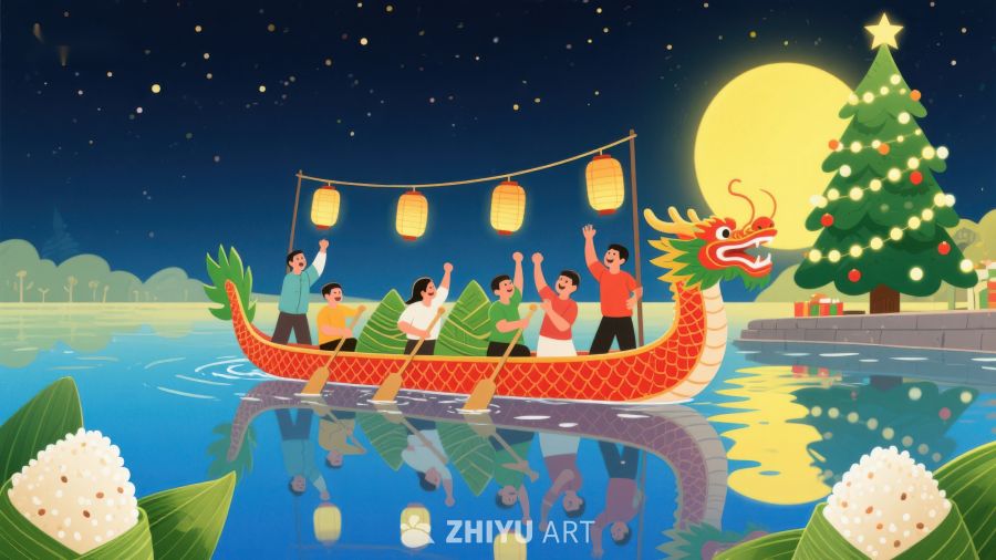 龙舟夜游与圣诞树的奇妙结合 348