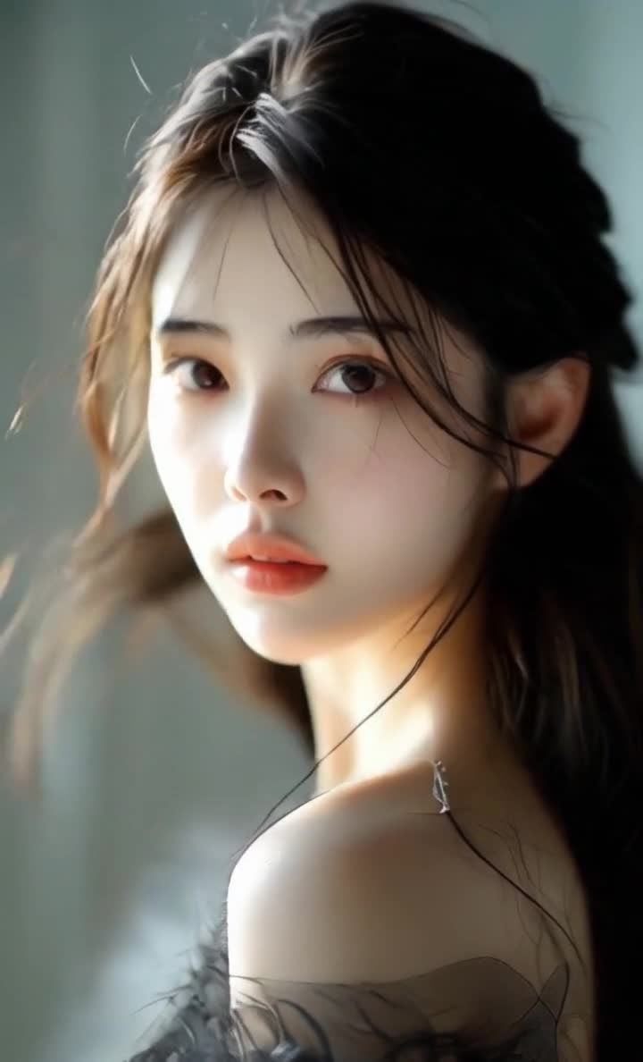 凝视镜头的美丽女性：面部特写，肤白唇红