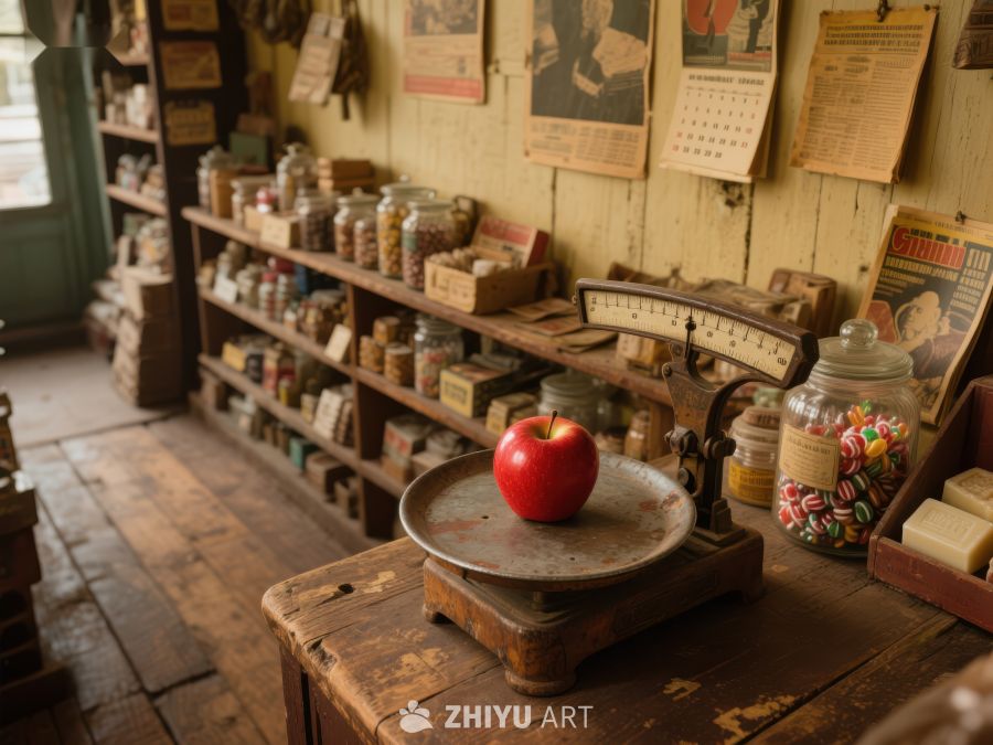 复古杂货店内的苹果称重场景 193