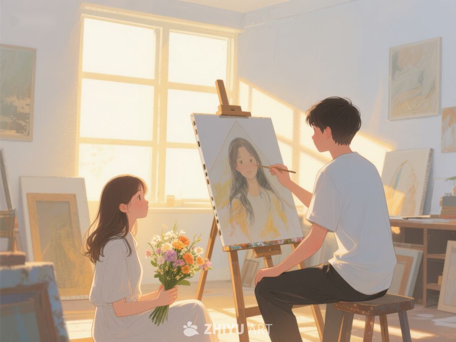 画家为女子画像，室内温馨艺术氛围 378