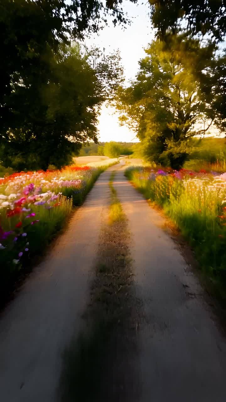 沿着蜿蜒的小径前行，道路两旁开满了五颜六色的花朵。