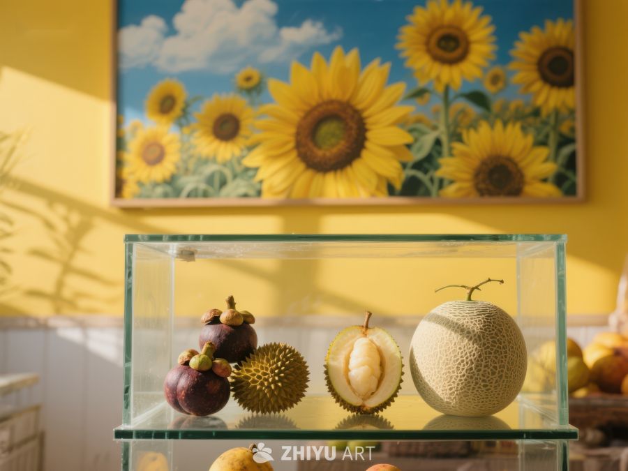 玻璃盒中的热带水果与向日葵画作 43