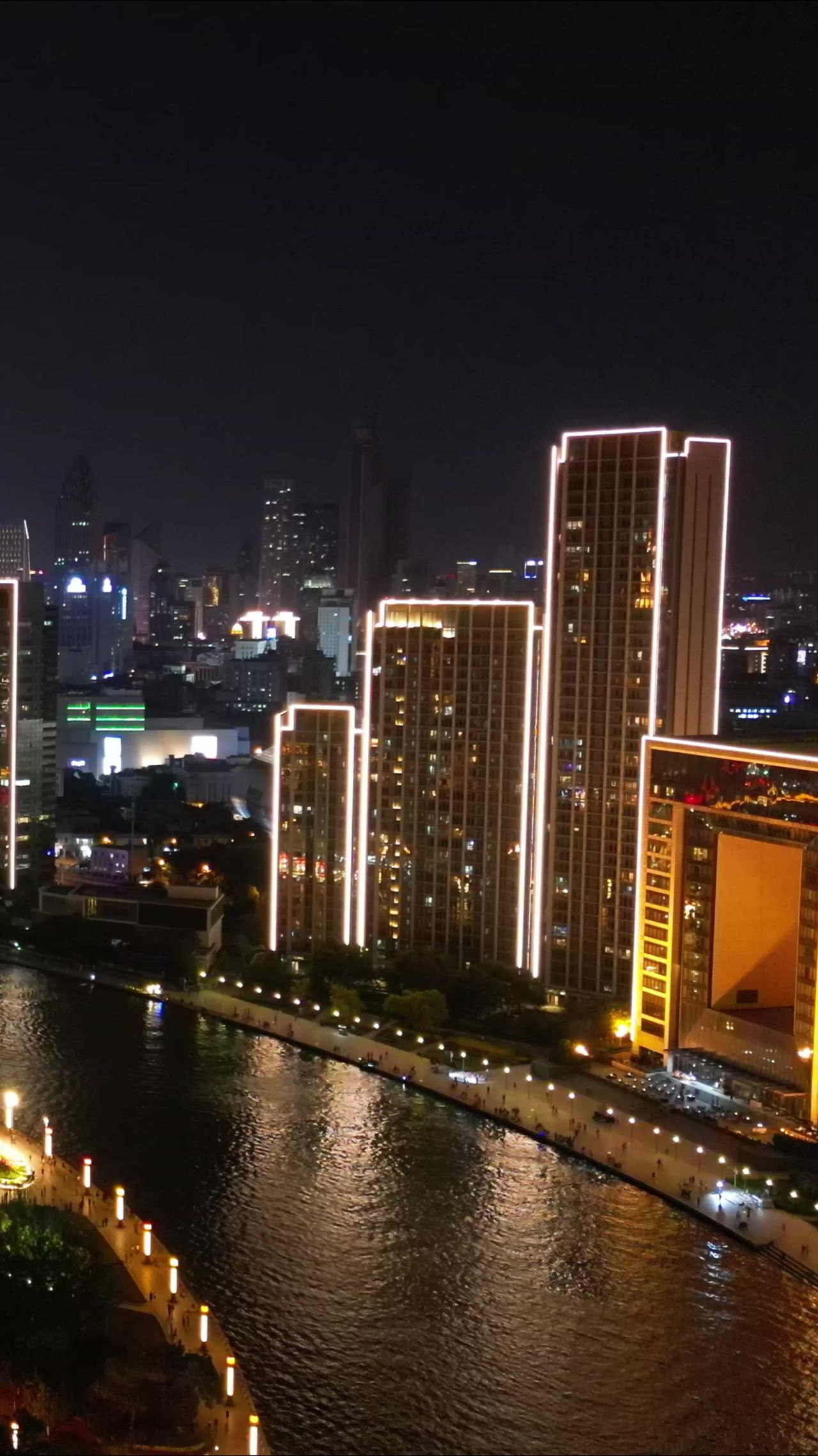 天津城市夜景灯光竖屏航拍 