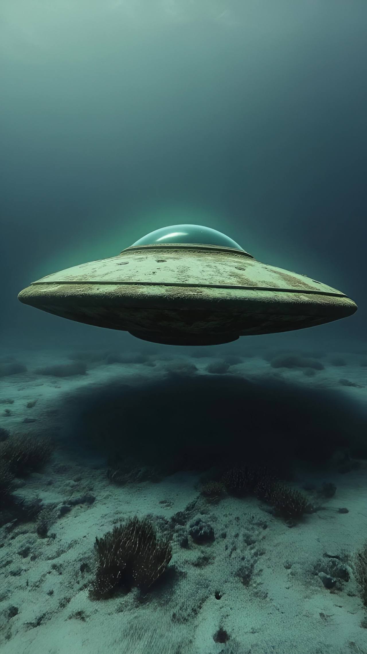 一个碟形物体在水下悬浮，其顶部呈圆顶状。该物体表面