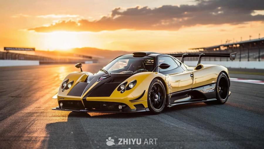 一辆帕加尼 Zonda-R 跑车停在空旷的赛道上，