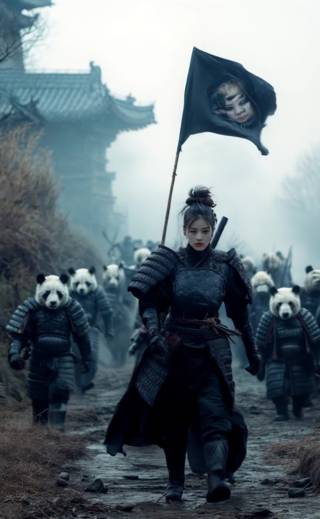 黑甲女武士与熊猫武士前进的战斗