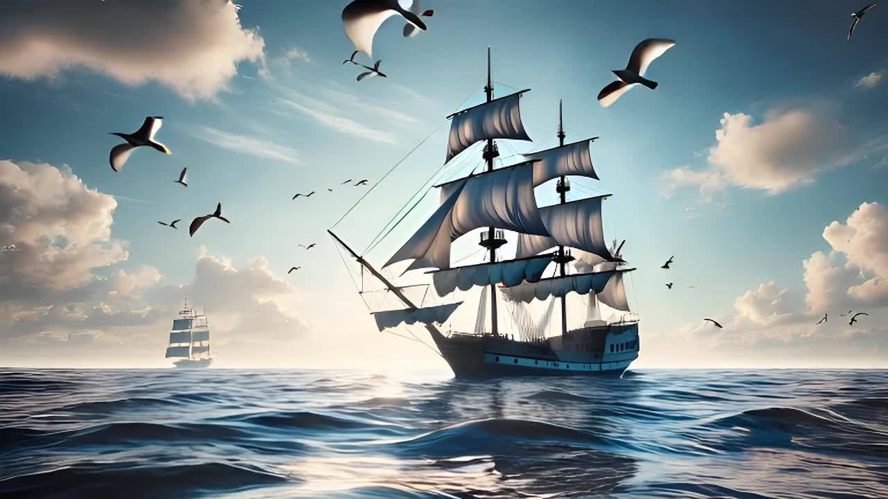 海面上有两艘帆船正在航行。天空晴朗，阳光透过云层洒