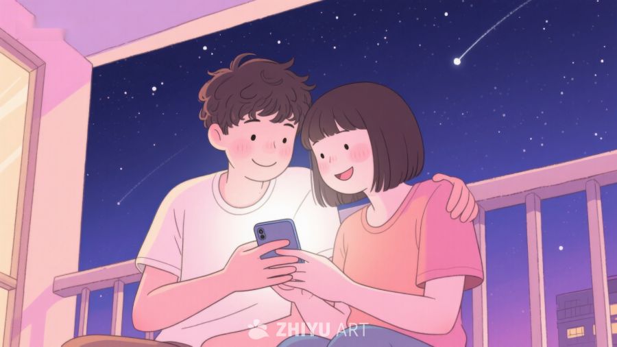 夜空下共赏手机的温馨时刻 578