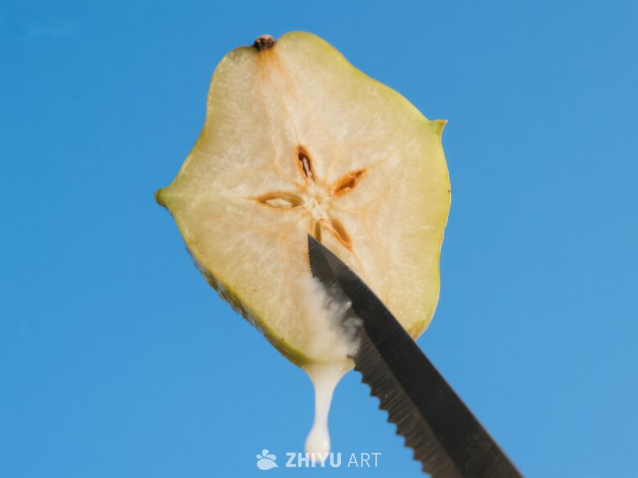 刀切苹果片，汁液滴落瞬间 112