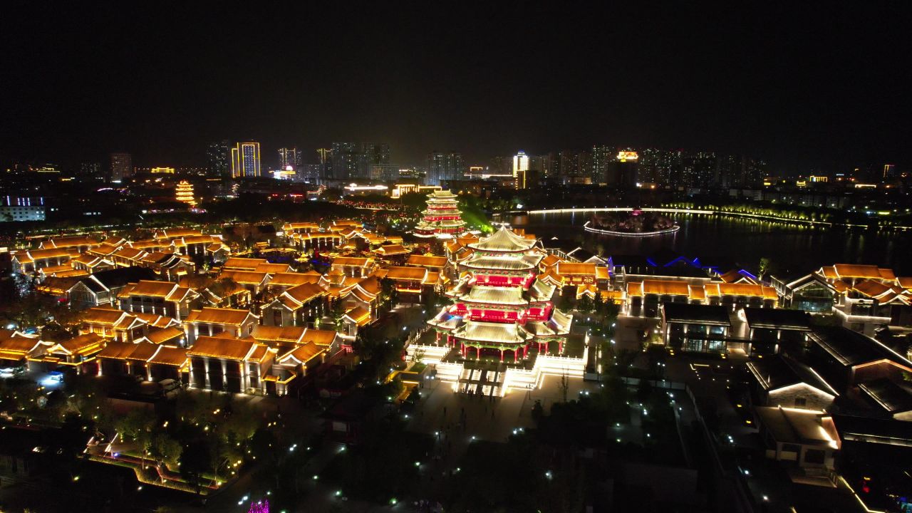 河北沧州南川楼夜景灯光航拍