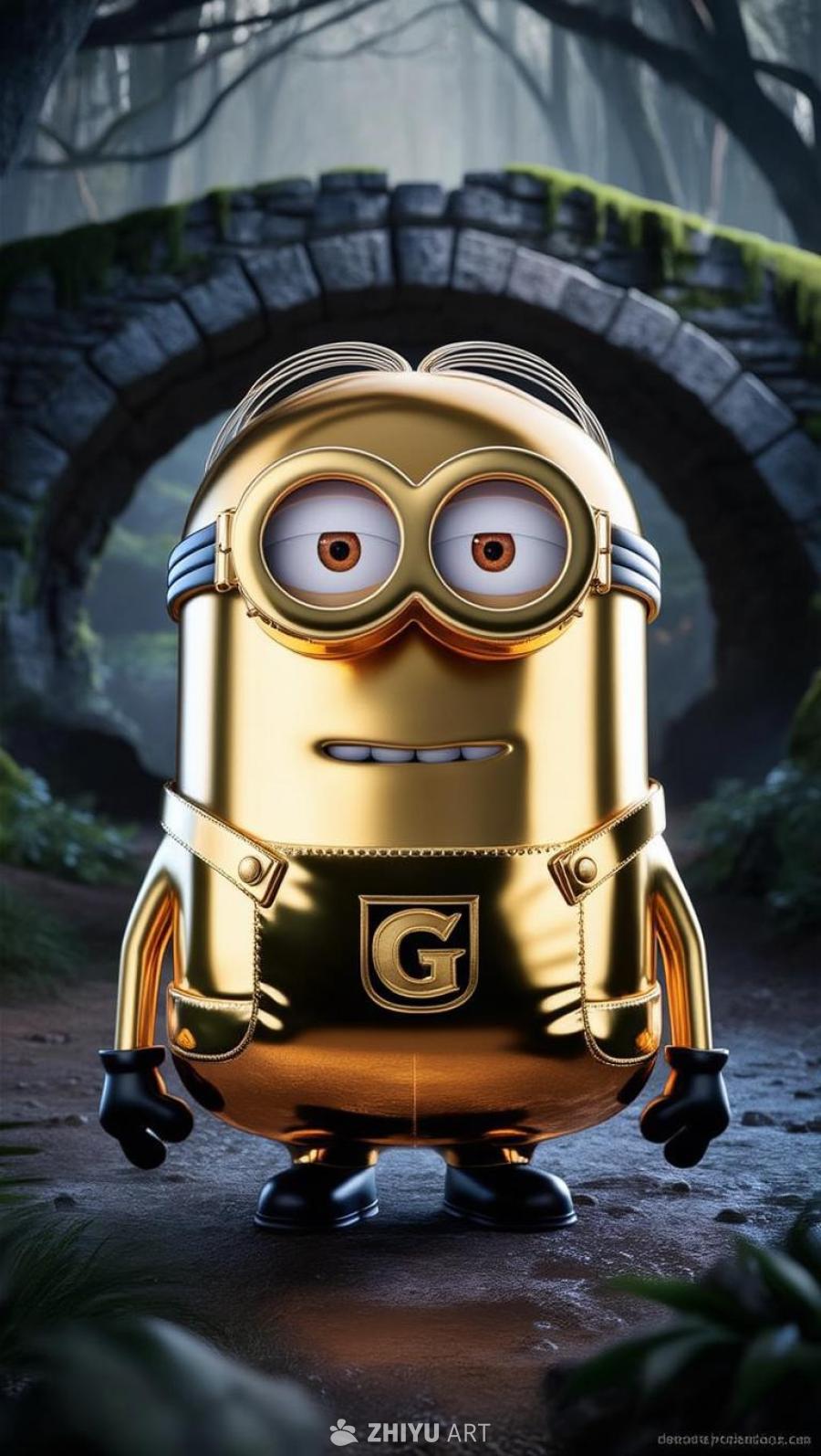 一个金色的Minion站在神秘的森林中，背景是一座