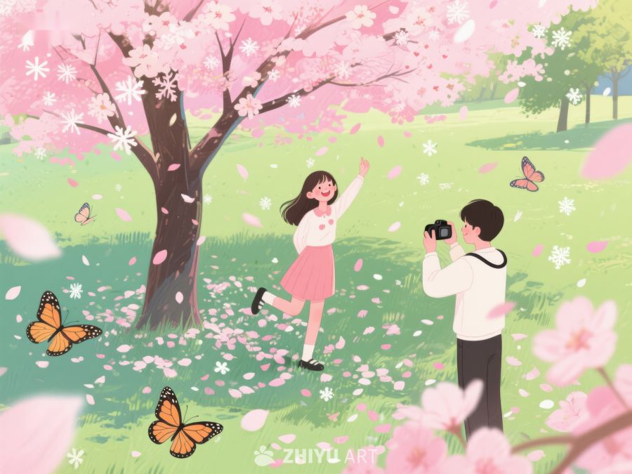 樱花树下，男孩为女孩拍照 1102