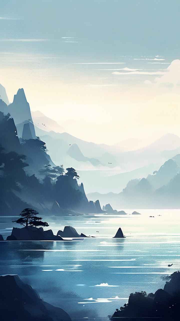 雾气缭绕水墨山水画简约风格 20