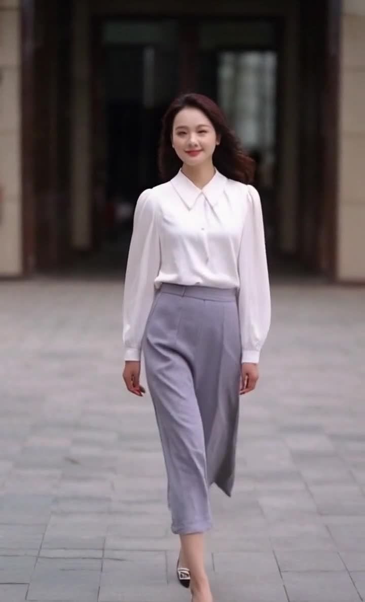 一位留着长发，面带微笑的年轻女性走在铺着石板的道路