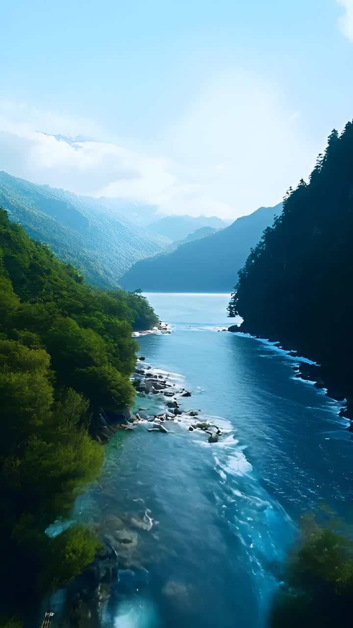 一条河流穿过山谷，两旁是茂密的树木。远处的山脉在薄