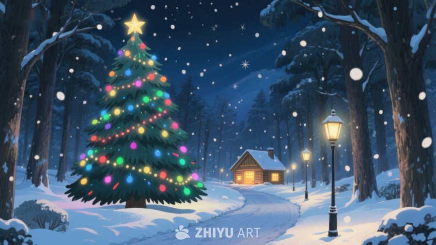 雪夜森林中的彩灯圣诞树 388