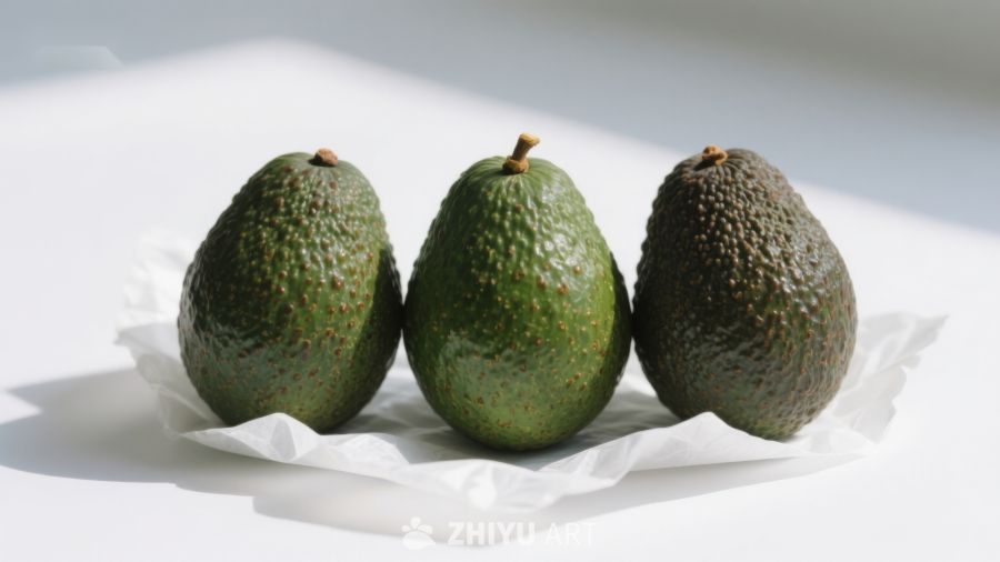 三个新鲜牛油果并排摆放