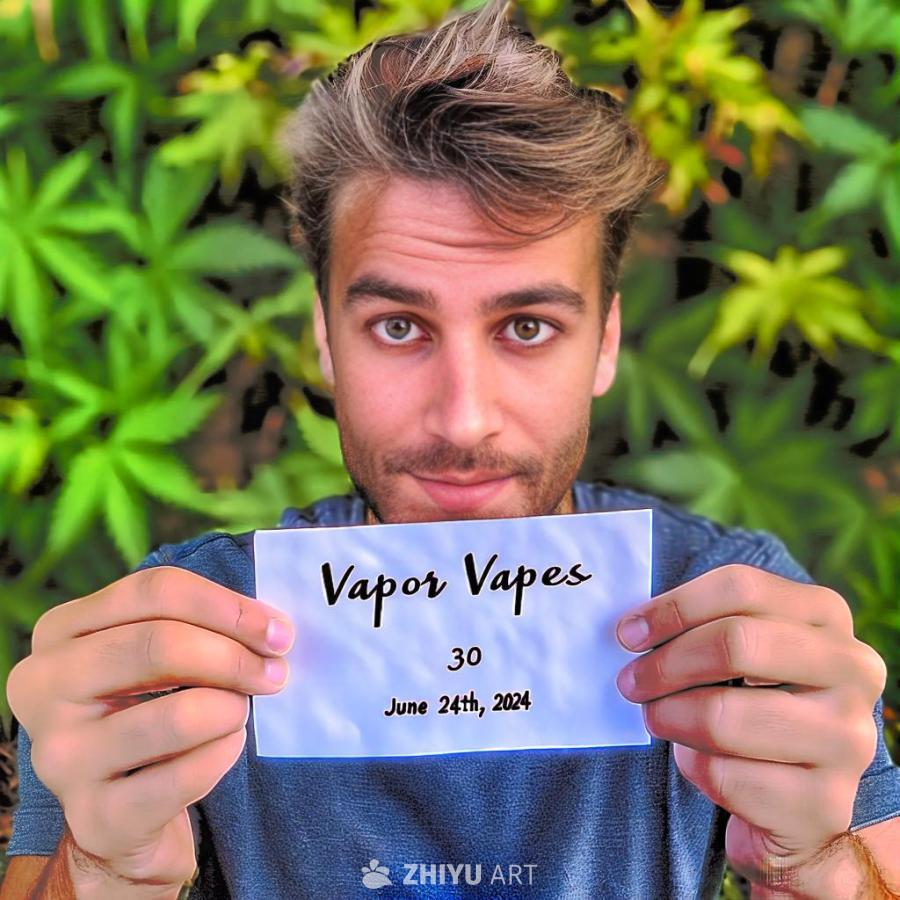 一位30岁的男性手持一张纸，上面写着“Vapor 