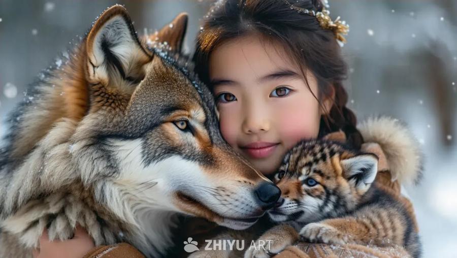 雪天里，一个女孩抱着一只小狼崽，一只成年狼站在她身