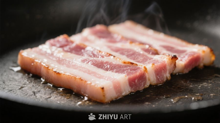 煎锅中的培根条，热气腾腾