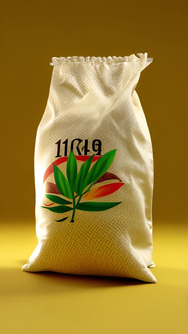一个米袋在旋转，米袋上印着一个稻穗的标志，米袋材质