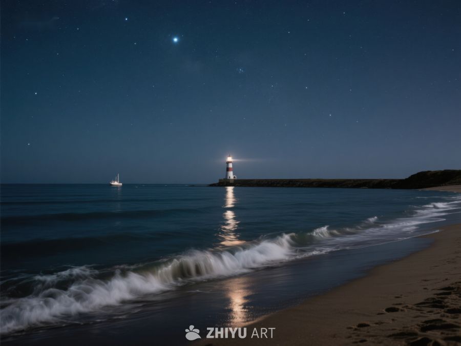 夜幕下的灯塔与海浪 422
