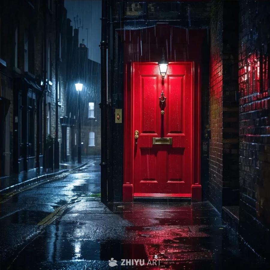 一条黑暗、被雨水浸透的街道，被一扇单独的深红色门照