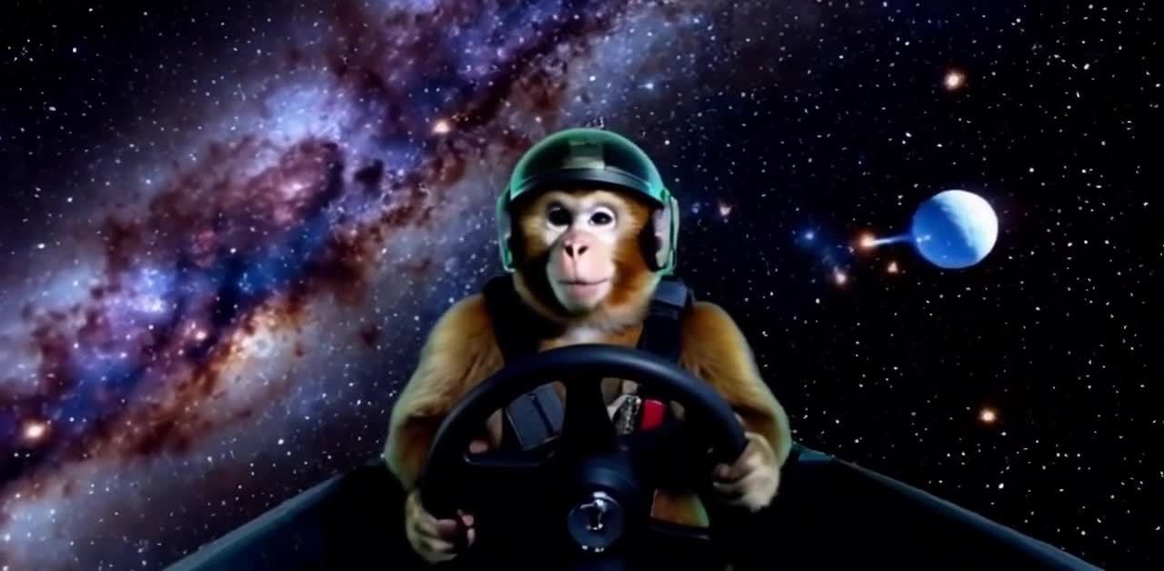 一只猴子戴着头盔坐在宇宙飞船的驾驶座上，双手握着方