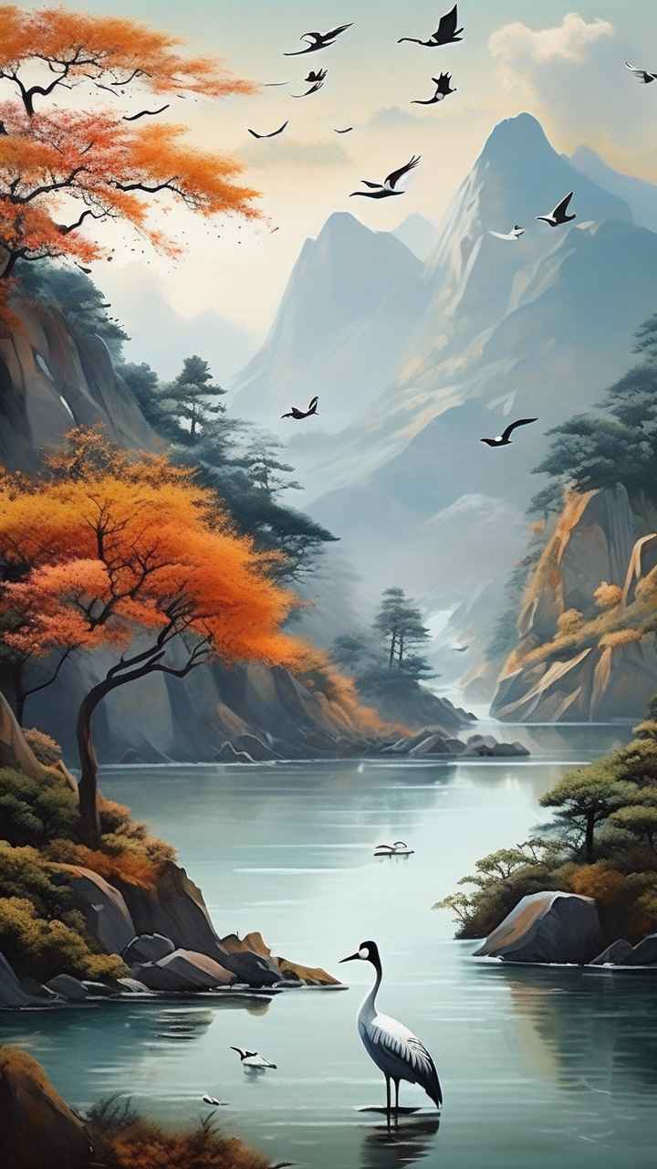 国风山水鹤插画背景 88