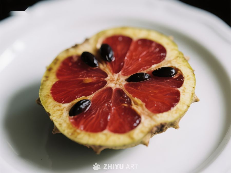 切开的红色水果，露出种子和果肉 331