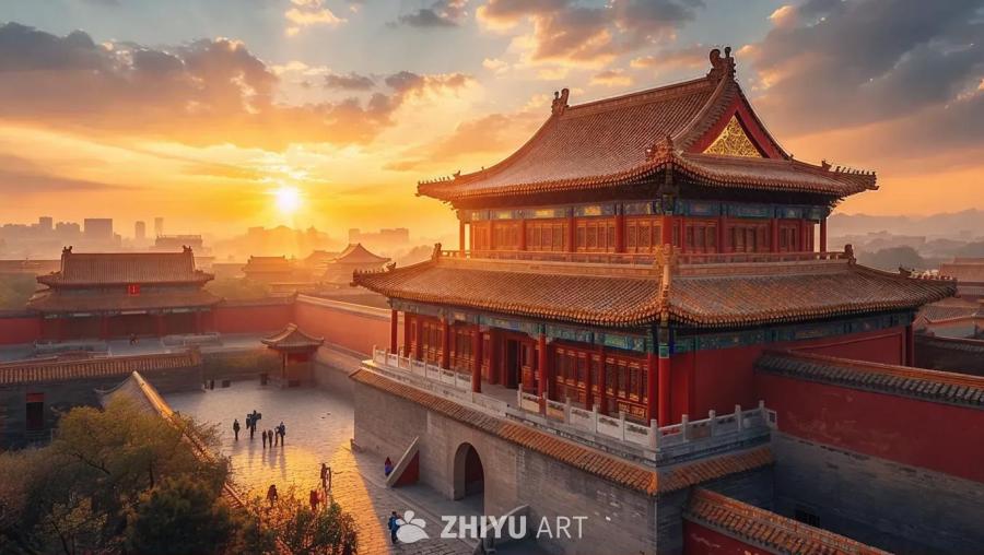 红色的屋顶瓦片和高耸的华丽拱门，沐浴在柔和的夕阳中