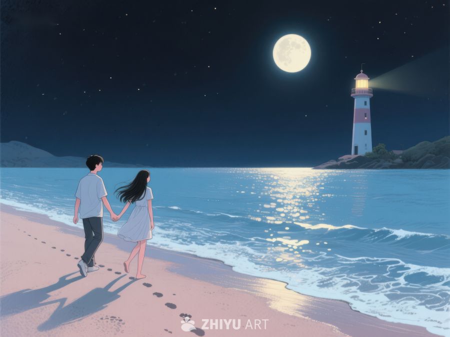 月夜海滩漫步，灯塔光辉相伴 1155
