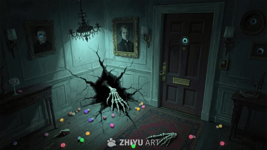 神秘房间中的骷髅与糖果