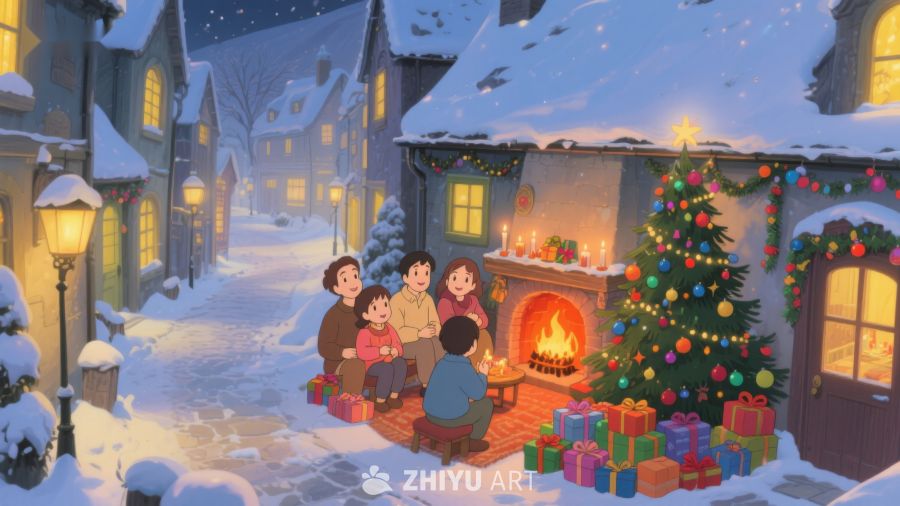 雪夜家庭围炉共度圣诞 374