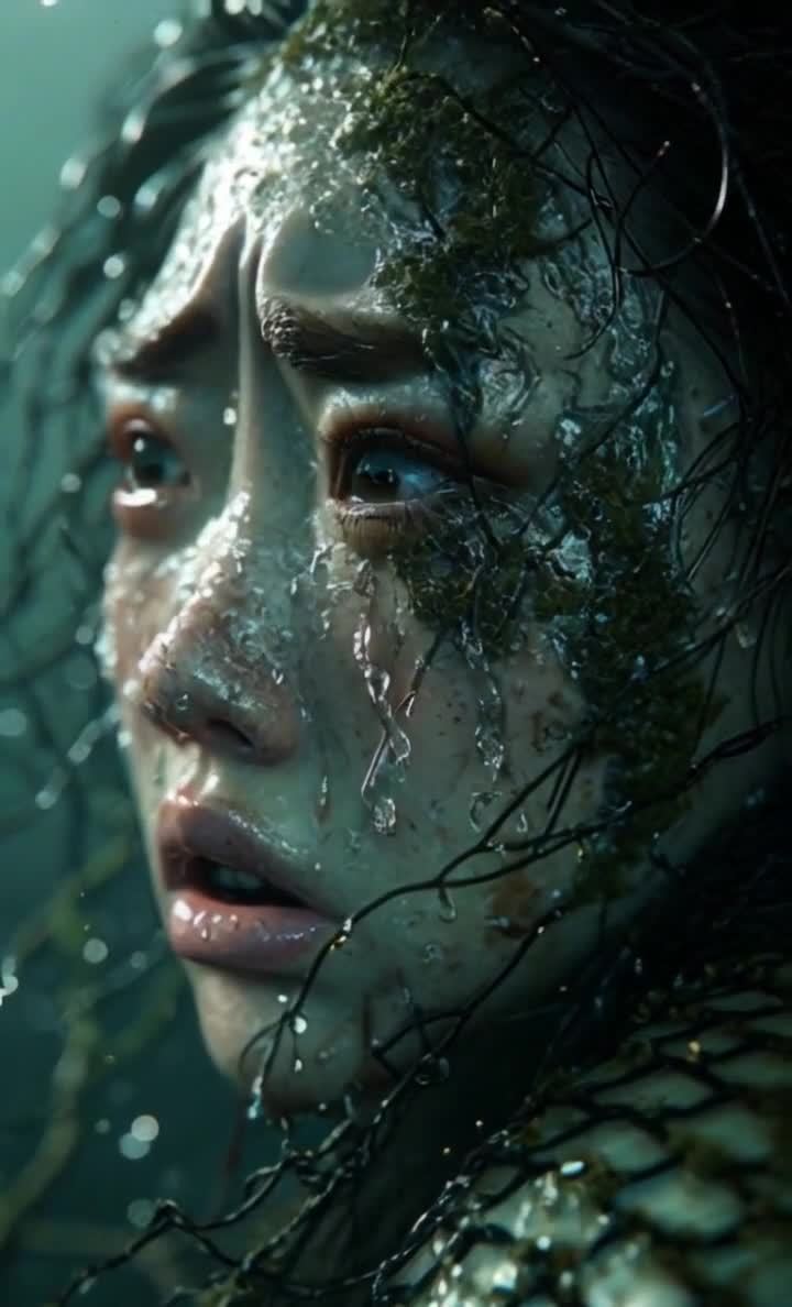 一个女孩的特写，她的脸和头发湿漉漉的，似乎覆盖着一