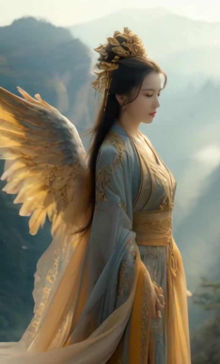 羽翼华服女子山间伫立，背景模糊，光线柔和。