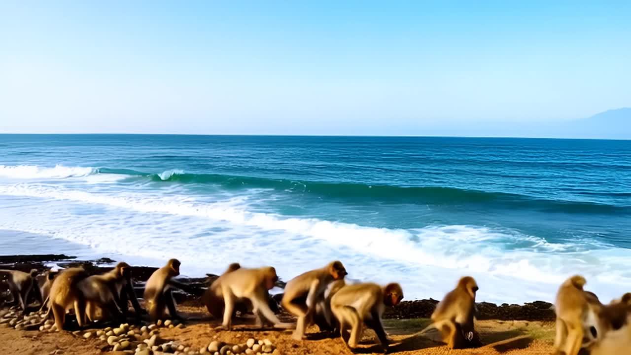 一群猴子在海边陆地上行走，背景是海浪拍打的蓝色大海