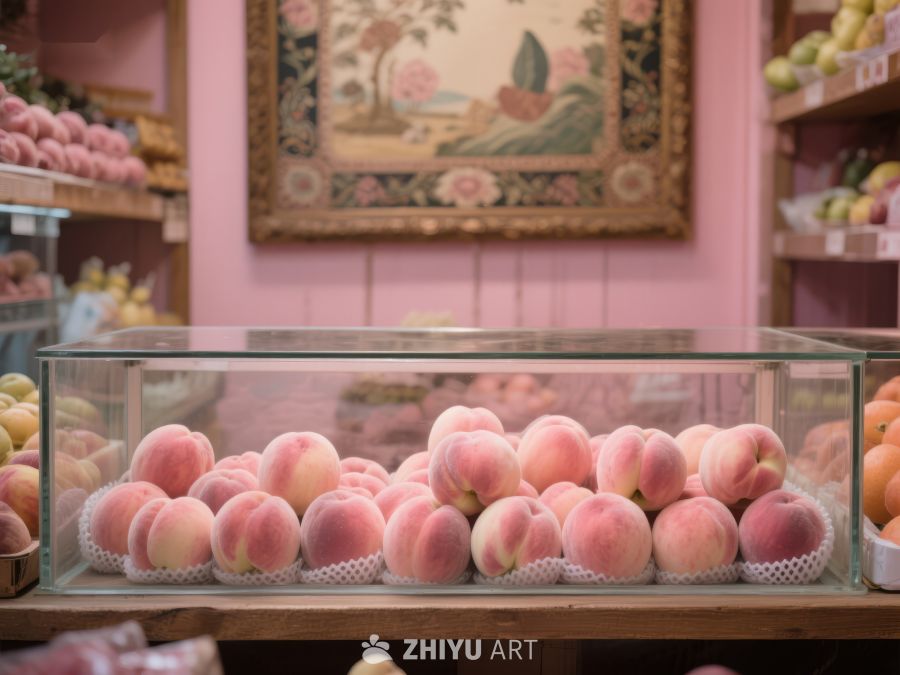 新鲜桃子陈列在透明展示柜中 712